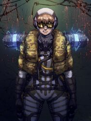 Rule 34 | 1girl, animification, apex legends, arms at sides, bodysuit, brown hair, cable, camouflage, clenched hands, clenched teeth, facial scar, fly-by-wire wattson, gloves, goggles, grey bodysuit, grey gloves, harness, highres, hood, hood up, hooded bodysuit, mask, mask around neck, official alternate costume, one eye covered, scar, scar on cheek, scar on face, scowl, solo, sparks, standing, straight-on, teeth, vest, wattson (apex legends), yume inu