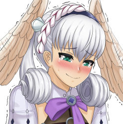 Rule 34 | 1girl, blue eyes, blush, braid, crown braid, cslucaris, embarrassed, head wings, looking down, melia antiqua, nintendo, silver hair, simple background, smile, solo, tearing up, trembling, upper body, white background, wings, xenoblade chronicles: future connected, xenoblade chronicles (series), xenoblade chronicles 1