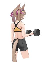 Rule 34 | 1girl, animal ears, arm at side, ass, bare shoulders, bike shorts, bow, brown hair, clothing cutout, cropped legs, dumbbell, from behind, hair bow, hand up, horse ears, horse girl, horse tail, kogomiza, light blush, looking afar, medium hair, simple background, smart falcon (umamusume), solo, sports bra, tail, tail through clothes, toned, twintails, umamusume, white background, yellow eyes