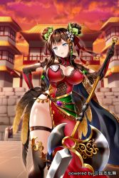 Rule 34 | 1girl, black gloves, black thighhighs, blue eyes, breasts, brown hair, brown ribbon, character request, cleavage, cleavage cutout, closed mouth, clothing cutout, cloud, cloudy sky, double bun, dress, elbow gloves, feathers, gloves, hair bun, hair ornament, hair ribbon, hakuda tofu, halberd, hand up, head tilt, highres, holding, holding weapon, large breasts, light frown, long hair, looking at viewer, no panties, official art, outdoors, pagoda, polearm, red dress, red sky, ribbon, sangokushi ranbu, side bun, sky, sleeveless, sleeveless dress, solo, stairs, standing, stone stairs, stone wall, sunset, thigh strap, thighhighs, v-shaped eyebrows, wall, watermark, weapon, wrist guards