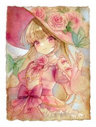 Rule 34 | 1girl, blonde hair, border, bow, bug, butterfly, butterfly on hand, choppy bangs, collared dress, cowboy shot, dress, flower, flower brooch, frilled dress, frills, gem, green butterfly, hat, hat flower, insect, juliet sleeves, light blush, long hair, long sleeves, neck ribbon, original, painting (medium), pearl (gemstone), pink bow, pink dress, pink eyes, pink flower, pink hat, pink ribbon, pink rose, puffy sleeves, ribbon, rose, smile, solo, traditional media, waist bow, watercolor (medium), white border, wide sleeves, witch, witch hat, yachi waki