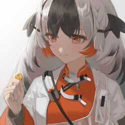 1girl absurdres animal_ears arknights black_hair coin gold_coin grey_hair highres jacket jfjf long_hair long_sleeves multicolored_hair official_alternate_costume orange_eyes red_eyes shirt simple_background smile snowsant_(arknights) solo two-tone_hair white_background white_hair