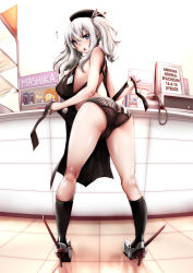 Rule 34 | 10s, 1girl, apron, ass, black socks, blue eyes, blush, breasts, brown panties, employee uniform, floor, hat, highres, kantai collection, kashima (kancolle), kitchen, kneehighs, large breasts, long hair, looking back, open mouth, panties, shoes, silver hair, socks, solo, souryu, striped clothes, striped panties, twintails, underwear, uniform, wavy hair