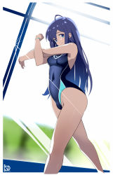 Rule 34 | 1girl, ahoge, bad id, bad pixiv id, black hair, blue eyes, breasts, closed mouth, commentary request, commission, competition swimsuit, covered navel, feet out of frame, hair between eyes, highres, idolmaster, idolmaster million live!, long hair, looking at viewer, medium breasts, mizuno (brand), mochizuki anna, one-piece swimsuit, revision, sakuraidai, skeb commission, smile, solo, standing, stretching, swimsuit, very long hair, walking