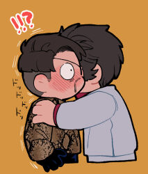 Rule 34 | !?, 0 0, 2boys, black hair, blush, character request, chibi, cropped legs, facial hair, flustered, from side, full-face blush, gloves, hand on another&#039;s shoulder, husagin, kiryu kazuma, majima goro, male focus, mature male, multiple boys, mustache, ryuu ga gotoku (series), short hair, thick eyebrows, translation request, wide-eyed, yaoi