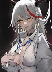 Rule 34 | 1girl, :q, absurdres, aegir (azur lane), alternate costume, azur lane, between breasts, black choker, black horns, breasts, brown background, center opening, character name, chibi, choker, collared shirt, cross, cross earrings, demon horns, earrings, hair on horn, highres, horns, id card, jewelry, lanyard, large breasts, looking at viewer, multicolored hair, partially unbuttoned, red hair, selfie, shirt, simple background, solo, streaked hair, tongue, tongue out, two-tone hair, upper body, user hzsd8525, white hair, white shirt, yellow eyes