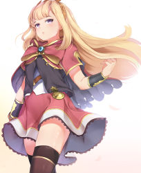 Rule 34 | 1girl, black thighhighs, blonde hair, bow, bracelet, bracer, breasts, cagliostro (granblue fantasy), cape, dress, granblue fantasy, headpiece, highres, jewelry, long hair, looking at viewer, petals, pink bow, pink cape, pink dress, purple eyes, sidelocks, simple background, skirt, small breasts, solo, somray, standing, thighhighs, white background