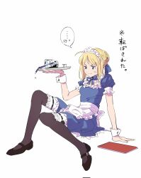 1girl apron artoria_pendragon_(fate) black_thighhighs blonde_hair blue_dress blue_eyes breasts bun_with_braided_base carnival_phantasm commentary_request corrupted_twitter_file dress drinking_straw duck11_rp fate/stay_night fate_(series) full_body glass hair_bun hair_ribbon highres holding holding_tray maid maid_headdress menu puffy_short_sleeves puffy_sleeves ribbon ribbon-trimmed_thighhighs ribbon_trim saber_(fate) short_sleeves single_hair_bun sitting small_breasts solo spill thighhighs translation_request tray waist_apron wrist_cuffs