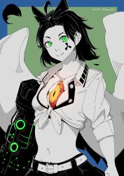 Rule 34 | 1girl, absurdres, adapted costume, arm cannon, black hair, breasts, cleavage, feathers, green eyes, hair ribbon, highres, ma (22mabo), radiation symbol, reiuji utsuho, ribbon, shirt, short hair, solo, tattoo, third eye, tied shirt, touhou, weapon, wings