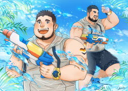 Rule 34 | 2boys, :d, abs, arm hair, bara, belly, black hair, black shorts, blush, bulge, chest hair peek, covered erect nipples, daisukebear, fat, fat man, feet out of frame, hairy, hands up, happy, holding, holding water gun, hood, hoodie, large pectorals, leg hair, male focus, mature male, multiple boys, muscular, muscular male, mustache, navel, navel hair, nipples, open mouth, original, pants, pants rolled up, pectoral cleavage, pectorals, plant, see-through, see-through hoodie, shirt, short hair, shorts, sleeveless, sleeveless hoodie, smile, splashing, stomach, thick mustache, undercut, upper body, watch, water, water gun, wet, wet clothes, wet shirt, wristwatch