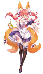 Rule 34 | 1girl, alternate costume, animal ear fluff, animal ears, apron, ass, bare shoulders, black thighhighs, blue dress, blush, bow, breasts, dress, enmaided, fate/extra, fate/grand order, fate (series), fox ears, fox girl, fox tail, frills, full body, hair between eyes, large breasts, long hair, looking at viewer, maid, maid headdress, onigiri-kun (demmy), pink hair, sidelocks, smile, solo, tail, tamamo (fate), tamamo no mae (fate/extra), thighhighs, twintails, white bow, wrist cuffs, yellow eyes