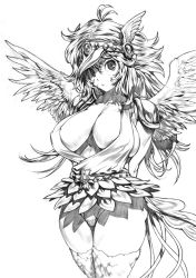 Rule 34 | 1girl, angel wings, arms behind back, breasts, character request, cleavage, commentary request, covered erect nipples, cowboy shot, excessive pubic hair, female pubic hair, graphite (medium), greyscale, hair between eyes, highres, kei (bekei), large breasts, long hair, looking at viewer, mechanical pencil, miniskirt, monochrome, muscular, muscular female, no panties, pencil, pubic hair, skirt, solo, thighs, traditional media, wings
