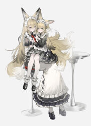 2girls absurdres animal_ear_fluff animal_ears apron arknights bai_yao_(user_ygua7252) black_dress blonde_hair closed_mouth dress extra_ears fox_ears fox_girl fox_tail frilled_dress frilled_hairband frills green_eyes hairband highres holding kitsune long_hair looking_at_viewer maid maid_apron maid_headdress mother_and_daughter multicolored_hair multiple_girls multiple_tails necktie pantyhose parted_lips puffy_short_sleeves puffy_sleeves red_necktie short_sleeves simple_background sitting sitting_on_person smile suzuran_(arknights) tail vulpisfoglia_(arknights) white_apron white_hair white_pantyhose