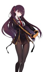 Rule 34 | 1girl, black pantyhose, black skirt, blazer, blush, breasts, framed breasts, girls&#039; frontline, gloves, hair ribbon, half updo, high-waist skirt, highres, jacket, large breasts, long hair, looking at viewer, mimelond, necktie, one side up, pantyhose, purple hair, red eyes, red necktie, red ribbon, ribbon, shirt, simple background, skirt, solo, stretching, sweatdrop, very long hair, wa2000 (girls&#039; frontline), white background