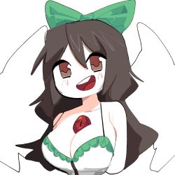 Rule 34 | 1girl, :d, bare arms, bare shoulders, bird wings, blush, bow, breasts, brown eyes, brown hair, camisole, cleavage, eyes visible through hair, frilled camisole, frills, green bow, hair between eyes, hair bow, happy, head tilt, highres, large breasts, long hair, looking at viewer, no pupils, open mouth, organjuice, pale skin, ponytail, red eyes, reiuji utsuho, sleeveless, slit pupils, smile, solo, spaghetti strap, teeth, third eye, touhou, upper body, upper teeth only, wavy hair, white camisole, white wings, wings, yatagarasu