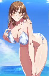 Rule 34 | 1girl, beach, bikini, bikini pull, blue bikini, blush, breasts, brown eyes, brown hair, cleavage, clothes pull, cloud, collarbone, covered erect nipples, curvy, damegane, day, floral print, hand on own knee, highres, large breasts, leaning forward, long hair, looking at viewer, original, outdoors, parted lips, sky, smile, solo, standing, swimsuit, wide hips