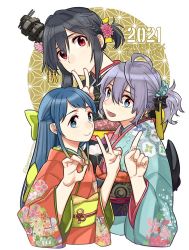 Rule 34 | 2021, 3girls, alternate costume, alternate hairstyle, aoba (kancolle), black hair, blue eyes, blue hair, blue kimono, bow, commentary request, floral print, gradient hair, green bow, hair bow, hair ornament, japanese clothes, kantai collection, kimono, long hair, looking at viewer, multicolored hair, multiple girls, orange kimono, ponytail, purple hair, red eyes, sagamiso, samidare (kancolle), scrunchie, short hair, swept bangs, upper body, v, very long hair, yamashiro (kancolle)