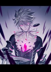Rule 34 | 1boy, bad id, bad twitter id, bishounen, blue eyes, bodysuit, collar, earrings, eyeshadow, fate/apocrypha, fate/grand order, fate (series), hand on own chest, highres, jewelry, karna (fate), letterboxed, makeup, male focus, ono matope, pale skin, purple theme, solo, spiked collar, spikes, white hair
