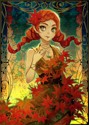 Rule 34 | 1girl, art nouveau, autumn, autumn leaves, crescent, flat chest, green eyes, hair ornament, jewelry, leaf, leaf on head, lips, low twintails, necklace, original, pointy ears, radittz, red hair, sleeveless, solo, twintails