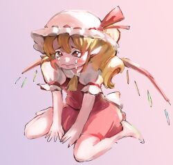 Rule 34 | 1girl, ascot, back bow, blonde hair, blush stickers, bow, closed mouth, collared shirt, crying, crying with eyes open, flandre scarlet, hair between eyes, hat, hat ribbon, highres, large bow, long hair, looking at viewer, mob cap, molly yancey, multicolored wings, one side up, pink background, puffy short sleeves, puffy sleeves, red eyes, red ribbon, red skirt, red vest, ribbon, ribbon-trimmed headwear, ribbon trim, shirt, short sleeves, simple background, skirt, sleeve ribbon, solo, tears, touhou, vest, white bow, white hat, white shirt, wings, yellow ascot