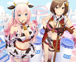 Rule 34 | 2girls, :d, animal ears, animal print, arm strap, arm warmers, bandeau, bare shoulders, bell, belt, black bandeau, black belt, blue eyes, blue sky, blush, boots, bottle, bow, breasts, brown eyes, brown footwear, brown gloves, brown hair, checkered floor, cleavage, cloud, collar, commentary request, cosplay, cow ears, cow horns, cow print, cow tail, cowbell, cowboy boots, cowboy hat, cowboy shot, crop top, elbow gloves, fake animal ears, fake horns, fake tail, fence, frilled skirt, frills, glint, gloves, grin, groin, hair between eyes, hair bow, hand on own hip, hat, headset, horns, idolmaster, idolmaster cinderella girls, knee boots, large breasts, long hair, looking at viewer, megurine luka, meiko (vocaloid), midriff, milk bottle, milk carton, multiple girls, navel, neck bell, nokuhashi, oikawa shizuku, oikawa shizuku (cosplay), open mouth, pink gloves, pink hair, pink legwear, plaid, plaid clothes, plaid vest, rake, red collar, scarf, shadow, shirt, short hair, short shorts, shorts, sidelocks, skirt, sky, sleeveless, sleeveless shirt, smile, sparkle, speech bubble, standing, tail, teeth, thigh strap, thighhighs, underbust, upper teeth only, vest, vocaloid, w arms, waist cape, white bow, white scarf, white shirt, white shorts, white skirt, wooden fence, zettai ryouiki