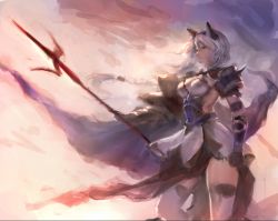 Rule 34 | 10s, 1girl, animal ears, bad id, bad twitter id, brown eyes, cat ears, dress, erune, granblue fantasy, hairband, heles, highres, holding, holding weapon, long hair, matsuo shogo, polearm, short dress, shoulder pads, silver hair, sky, solo, spear, spikes, thighhighs, weapon, white thighhighs
