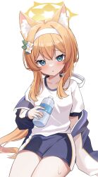 Rule 34 | 1girl, absurdres, animal ear fluff, animal ears, black shorts, blue archive, blue eyes, blush, bottle, breasts, cowboy shot, flower, gym shirt, gym uniform, hair between eyes, hair flower, hair ornament, hairband, halo, highres, holding, holding bottle, jacket, long hair, looking at viewer, mari (blue archive), mari (track) (blue archive), nannung, official alternate costume, orange hair, parted lips, shirt, short sleeves, shorts, simple background, small breasts, solo, track jacket, water bottle, white background, white flower, white hairband, white shirt, yellow halo