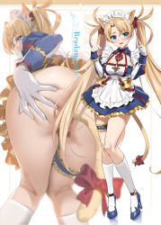 Rule 34 | 1girl, absurdres, alternate costume, anal, anal object insertion, anal tail, animal ears, apron, ass, blonde hair, blue dress, blue eyes, blue footwear, blue gloves, blush, bradamante (fate), braid, breasts, bridal garter, butt plug, cat ears, cat tail, character name, cleavage, cleavage cutout, clothing cutout, crown braid, dress, elbow gloves, enmaided, fake tail, fate/grand order, fate (series), frills, gloves, has bad revision, has downscaled revision, high heels, highres, kneehighs, large breasts, long hair, looking at viewer, looking back, maid, maid headdress, md5 mismatch, multiple views, object insertion, open mouth, paw pose, projected inset, puffy sleeves, resolution mismatch, sex toy, smile, socks, source smaller, tail, thighs, twintails, two-tone gloves, very long hair, white apron, white gloves, white socks, yd (orange maru)