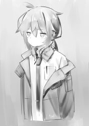 Rule 34 | absurdres, breast pocket, expressionless, girls&#039; frontline, grey background, greyscale, hair tie, highres, jacket, m200 (girls&#039; frontline), monochrome, necktie, open clothes, open jacket, pepsi2330, pocket, shirt, simple background