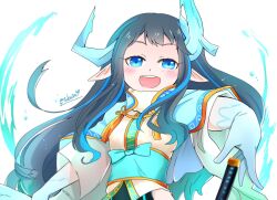 Rule 34 | 1girl, blue capelet, blue eyes, blue hair, capelet, commentary request, dragon horns, elbow gloves, floating hair, fur collar, gloves, highres, horns, japanese clothes, katana, long hair, looking at viewer, nami&#039;oyogi kanemitsu, obi, open mouth, pointy ears, sash, signature, smile, solo, sword, teeth, tenka hyakken, tubasa49, upper body, upper teeth only, wavy hair, weapon