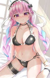 Rule 34 | 1girl, ahoge, bare arms, bare shoulders, bikini, black bikini, black bow, black choker, black ribbon, blue hair, blue nails, blunt bangs, blush, bow, bow bikini, bow panties, bracelet, braid, breasts, bridal garter, choker, cleavage, closed mouth, collarbone, colored inner hair, frilled bikini, frills, hair ribbon, halterneck, hands on feet, highres, hololive, jewelry, large breasts, long hair, looking at viewer, maid, maid bikini, maid headdress, masaharu21, minato aqua, multicolored hair, nail polish, navel, panties, pink eyes, pink hair, ribbon, side-tie bikini bottom, side-tie panties, sidelocks, sitting, solo, stomach, streaked hair, sweat, swimsuit, thigh strap, thighs, twin braids, two-tone hair, unconventional maid, underwear, virtual youtuber, wariza, white bow, white ribbon, window
