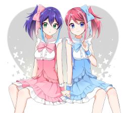 Rule 34 | 2girls, alternate hairstyle, blue bow, blue eyes, bow, bowtie, bracelet girls, dress, green eyes, hair ribbon, holding hands, heart, heart background, hiiragi yuzu, joman, looking at viewer, matching outfits, multicolored hair, multiple girls, parted lips, pink bow, pink hair, purple hair, ribbon, serena (yu-gi-oh!), siblings, side ponytail, sisters, smile, symmetrical pose, twins, two-tone hair, wrist cuffs, yu-gi-oh!, yu-gi-oh! arc-v