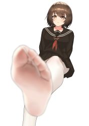 Rule 34 | 1girl, absurdres, black sailor collar, black shirt, black skirt, blurry, blurry foreground, brown eyes, brown hair, collarbone, commentary request, depth of field, feet, foot focus, from below, highres, hyouuma, long sleeves, looking at viewer, neckerchief, no shoes, original, pantyhose, sailor collar, school uniform, shirt, simple background, skirt, soles, solo, toes, white background, white pantyhose