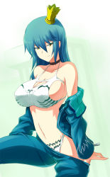 Rule 34 | 1girl, blue hair, breasts, brown eyes, butter-t, choker, cleavage, cleavage cutout, clothing cutout, collarbone, crown, jacket, large breasts, long hair, navel, no bra, off shoulder, open clothes, open jacket, original, panties, sideboob, solo, underwear, undressing, white panties