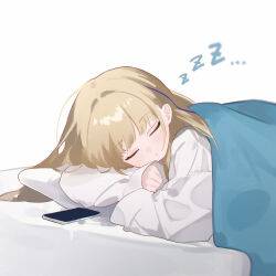 Rule 34 | 1girl, absurdres, bed sheet, blonde hair, blue archive, cellphone, closed eyes, commentary, eco 376124, highres, lying, on side, phone, pillow, shirt, sleeping, solo, toki (blue archive), under covers, white shirt, zzz
