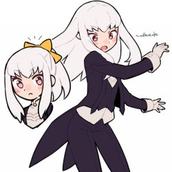 Rule 34 | 1girl, alternate costume, artist name, bow, butler, closed mouth, do m kaeru, female butler, fire emblem, fire emblem: three houses, hair bow, long hair, long sleeves, lysithea von ordelia, nintendo, open mouth, pants, pink eyes, ponytail, solo, white hair