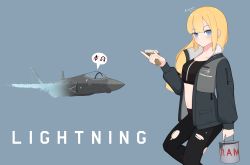 Rule 34 | 1girl, aircraft, airplane, atamonica, black pants, blonde hair, blue eyes, blush, character name, crop top, f-35 lightning ii, fighter jet, grey background, grey jacket, highres, holding, holding paintbrush, jacket, jet, lockheed martin, long hair, midriff, military, military vehicle, navel, original, paint can, paintbrush, pants, personification, signature, simple background, solo, speech bubble, straight hair, torn clothes, torn legwear