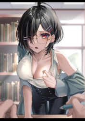 Rule 34 | 1girl, absurdres, ahoge, black hair, black pants, bookshelf, breasts, cleavage, ear piercing, glasses, hair behind ear, hair ornament, hair over one eye, hairclip, highres, indoors, jacket, large breasts, looking at viewer, mole, mole under eye, off shoulder, open clothes, open jacket, open mouth, original, pants, piercing, pov, pov hands, red eyes, round eyewear, shirt, short hair, white shirt, yufou