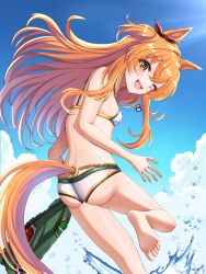 Rule 34 | 1girl, adapted costume, animal ears, ass, bare shoulders, barefoot, bikini, black bow, blue sky, bow, breasts, cloud, cloudy sky, commentary request, ear bow, ear ribbon, feet, foot out of frame, from behind, highres, horse ears, horse girl, horse tail, long hair, looking at viewer, looking back, mayano top gun (umamusume), multicolored clothes, multicolored swimsuit, ocean, orange eyes, orange hair, outdoors, sky, small breasts, solo, swimsuit, tail, tsukiyuki mike, two side up, umamusume, wet
