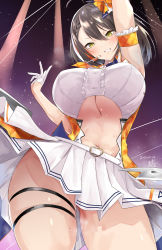 Rule 34 | 1girl, ahoge, arm up, armlet, azur lane, baltimore (azur lane), baltimore (muse) (azur lane), belt, bow, breasts, brown hair, buckle, cleavage, clothing cutout, dancing, frills, from below, gloves, grin, hair between eyes, hair bow, half gloves, headset, heart, heart-shaped buckle, highres, idol, kurokawa otogi, large breasts, microphone, miniskirt, navel, navel cutout, pleated skirt, shirt, short hair, skindentation, skirt, smile, stage lights, sweat, thick thighs, thigh strap, thighs, underboob, underboob cutout, white belt, white gloves, white shirt, white skirt, yellow eyes