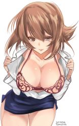 Rule 34 | 1girl, artist name, blue skirt, breasts, brown eyes, brown hair, cleavage, collarbone, collared shirt, dated, flipped hair, highres, kantai collection, large breasts, lingerie, looking at viewer, medium hair, mutsu (kancolle), office lady, open clothes, open shirt, pencil skirt, self exposure, shirt, simple background, skirt, solo, takase muh, underwear, upper body, white background, white shirt