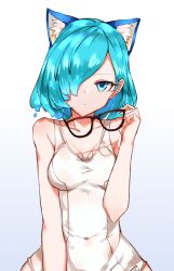 Rule 34 | 1girl, absurdres, animal ear fluff, animal ears, bare arms, bare shoulders, black-framed eyewear, blue background, blue eyes, blue hair, breasts, choumi wuti (xueye fanmang zhong), closed mouth, collarbone, commentary, covered navel, facing viewer, glasses, gradient background, hair over one eye, highres, light frown, looking at viewer, medium breasts, nijisanji, nyatsuki (virtuareal), one-piece swimsuit, school swimsuit, solo, swimsuit, virtual youtuber, virtuareal, white background, white one-piece swimsuit
