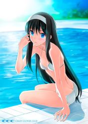 Rule 34 | 1girl, arm support, ass, bikini, black hair, blue theme, blush, breasts, butt crack, cleavage, collarbone, day, dimples of venus, hair between eyes, hairband, lens flare, long hair, looking at viewer, outdoors, pool, shirotsumekusa, sitting, small breasts, solo, swimsuit, tohno akiha, tsukihime, very long hair, white bikini, white hairband