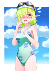 Rule 34 | 1girl, aoi (princess connect!), blush, breasts, elf, green eyes, green hair, highres, looking at viewer, pointy ears, princess connect!, seiji (artman), small breasts, swimsuit