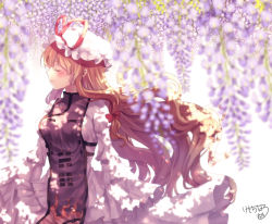 Rule 34 | 1girl, arms at sides, blonde hair, blurry, blush, bow, breasts, closed eyes, colored eyelashes, commentary request, cowboy shot, day, depth of field, dress, eyelashes, flame print, floating hair, flower, frilled dress, frills, hair bow, hat, hat ribbon, kemo chiharu, long hair, long sleeves, medium breasts, mob cap, red bow, red ribbon, ribbon, sidelocks, signature, simple background, smile, tabard, touhou, tree shade, trigram, very long hair, white background, white dress, white headwear, wide sleeves, wind, wisteria, yakumo yukari, yin yang, yin yang print