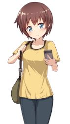 Rule 34 | 1girl, bad proportions, blue eyes, brown hair, cellphone, fashion, nosuku, phone, short hair, solo