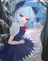 Rule 34 | 1girl, :d, absurdres, bare tree, blue bow, blue dress, blue eyes, blue hair, blurry, bow, bowtie, breasts, chromatic aberration, cirno, day, depth of field, dress, fang, frills, frozen frog, hair bow, hand up, highres, holding, ice, ice wings, kani nyan, looking at viewer, looking back, open mouth, outdoors, petite, petticoat, pinafore dress, red bow, red bowtie, short hair, skin fang, sleeveless, sleeveless dress, small breasts, smile, soft focus, solo, touhou, tree, wings