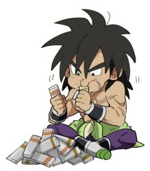 Rule 34 | +++, 1boy, bad id, bad twitter id, bidarian, black eyes, black hair, boots, broly (dragon ball super), candy, candy bar, chibi, clenched hands, dragon ball, dragon ball super, dragon ball super broly, eating, food, frown, full body, crossed legs, looking down, male focus, nipples, puffy cheeks, purple legwear, scar, shaded face, short hair, simple background, sitting, solo, spiked hair, topless male, white background, wristband