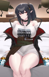 Rule 34 | 1girl, absurdres, arknights, bare shoulders, bed, belt, black choker, black hair, black jacket, blush, breasts, brown belt, choker, closure (arknights), commentary, feet out of frame, halterneck, highres, indoors, jacket, kanta (kanta 077), large breasts, long sleeves, looking at viewer, lungmen dollar, medium hair, no pants, off-shoulder shirt, off shoulder, one side up, originium (arknights), pointy ears, red eyes, shirt, sitting, solo, thighs, tissue box, white shirt