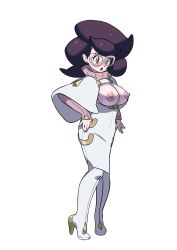 Rule 34 | 1girl, absurdres, blush, breasts, breasts out, creatures (company), game freak, glasses, green eyes, high heels, highres, large breasts, nintendo, nipples, no bra, nude filter, pokemon, pokemon sm, purple hair, solo, sweater, third-party edit, wicke (pokemon)